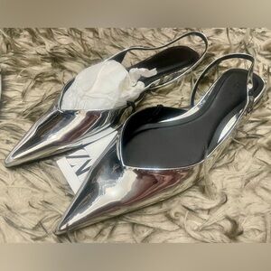 Zara Silver slingback flats (size 39) NWT